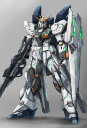 Rule 34 | absurdres, beam rifle, char&#039;s counterattack, clenched hand, commentary request, energy gun, green eyes, grey background, gun, gundam, highres, holding, holding gun, holding weapon, looking at viewer, mecha, mobile suit, no humans, nu gundam, robot, science fiction, shadow, shield, simple background, standing, sunflower (tomodog422), v-fin, weapon