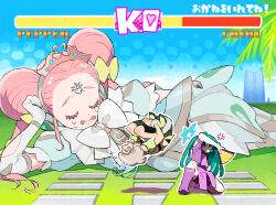 Rule 34 | 3girls, anger vein, blue dress, blue sky, bow, brown hair, character name, closed eyes, commentary request, crying, day, double bun, dress, elbow gloves, forehead jewel, gameplay mechanics, giant, gloves, grass, green hair, hair bow, hair bun, hand on own face, head rest, health bar, idol clothes, idol land pripara, lying, midair, moudoku (decopon3rd), multiple girls, on one knee, on side, open mouth, outdoors, outline, pororo (pripara), pretty series, pripara, short hair, sky, spinning, taiyo pepper, tiara, tsukikawa chili, white bow, white gloves, white outline, yellow bow