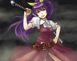 Rule 34 | 1girl, aka-kabuto no gema, belt, bow, bracelet, female focus, hair bow, hand on own hip, jewelry, katana, long hair, over shoulder, ponytail, purple eyes, purple hair, silent sinner in blue, solo, sword, sword over shoulder, touhou, touhou bougetsushou, watatsuki no yorihime, weapon, weapon over shoulder