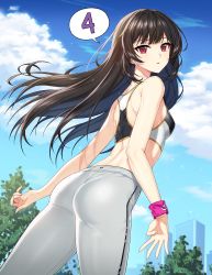 Rule 34 | 1girl, absurdres, ass, back, bare shoulders, black hair, breasts, building, cloud, cloudy sky, counter:side, crescent, floating hair, from behind, grey pants, highres, leaning forward, long hair, looking at viewer, looking back, medium breasts, numbered, official art, outdoors, pants, parted lips, purple wristband, red eyes, shoulder blades, sidelocks, sky, skyscraper, solo, speech bubble, sports bra, sportswear, track pants, tree, wireless earphones, xiao lin (counter:side)