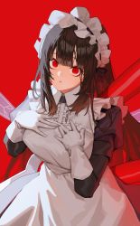 Rule 34 | 1girl, absurdres, apron, blunt bangs, breasts, brown hair, frilled apron, frills, gloves, hands on own chest, highres, last origin, long hair, looking at viewer, maid, maid apron, maid headdress, red background, red eyes, sanpaku, scissors lise, simple background, solo, tunamayo (dsasd751), white apron, white gloves, wide-eyed, yandere