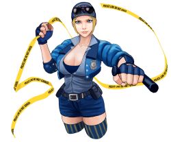 Rule 34 | 1girl, belt, blonde hair, blue eyes, breasts, capcom, caution tape, cleavage, final fight, final fight 3, final fight tough, fingerless gloves, gloves, hat, highres, large breasts, lucia morgan, medium hair, open clothes, police, police hat, police uniform, policewoman, pondersleuth, shorts, smile, street fighter, street fighter v, striped clothes, striped thighhighs, sunglasses, sunglasses on head, thighhighs, thighs, uniform