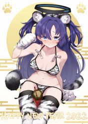 Rule 34 | 1girl, absurdres, alternate costume, animal costume, animal ears, animal hands, animal print, bare arms, bare shoulders, bikini, blue archive, blue eyes, blush, breasts, collarbone, commentary request, gloves, halo, highres, long hair, looking at viewer, navel, new year, purple eyes, purple hair, side-tie bikini bottom, solo, swimsuit, tail, take mawile, thighhighs, tiger costume, tiger ears, tiger paws, tiger print, tiger stripes, tiger tail, two side up, very long hair, yuuka (blue archive)