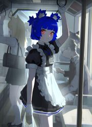 Rule 34 | 2girls, 3others, absurdres, animal ears, apron, arm up, bag, black dress, blonde hair, blue hair, blunt bangs, dress, frilled apron, frills, gloves, gris (vertigris), hand grip, highres, long hair, looking at viewer, maid, maid apron, maid headdress, multiple girls, multiple others, original, pantyhose, plastic bag, puffy short sleeves, puffy sleeves, red eyes, ribbon, short hair, short sleeves, smile, solo focus, standing, thighhighs, train, train interior, twintails, vertigris, waist apron, white apron, white gloves, white legwear