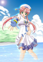 Rule 34 | 00s, aria (manga), blouse, cloud, day, fingerless gloves, gloves, green eyes, hat, lens flare, long hair, mizunashi akari, outstretched arm, outstretched hand, pink hair, shirt, short hair with long locks, sky, solo, sun, twintails, uniform, water, white shirt