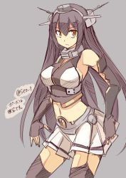 Rule 34 | 10s, 1girl, bare shoulders, black hair, black thighhighs, breasts, bridal gauntlets, detached sleeves, expressionless, hair ornament, kantai collection, large breasts, long hair, looking at viewer, midriff, nagato (kancolle), navel, orange eyes, personification, pleated skirt, seo tatsuya, simple background, skirt, solo, thighhighs, zettai ryouiki