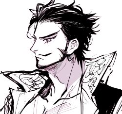 Rule 34 | 1boy, black hair, coat, dracule mihawk, expressionless, facial hair, highres, looking to the side, male focus, mature male, monochrome, mustache, one piece, profile, short hair, simple background, sketch, solo, upper body, white background, yamada 3