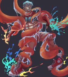 Rule 34 | 1boy, absurdres, axel, bad id, bad pixiv id, bara, boots, borrowed character, demon, face, fantasy, fire, highres, male focus, manly, muscular, muscular male, non-web source, octopus, shoes, struggling, stuck, tentacles, tentacles on male, wet, wet clothes, white hair