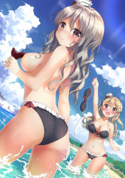 Rule 34 | 10s, 2girls, alcohol, arm up, ass, barefoot, beach, bikini, unworn bikini top, black bikini, blonde hair, blush, bow, breasts, brown eyes, censored nipples, cleavage, cloud, collarbone, convenient censoring, cup, day, drinking glass, dutch angle, ezoshika gg, frilled bikini, frills, grey hair, hat, hat bow, highres, holding, horizon, kantai collection, long hair, looking at viewer, medium breasts, mini hat, multiple girls, navel, ocean, open mouth, outdoors, palm tree, partially submerged, pola (kancolle), sky, smile, standing, standing on one leg, sunlight, swimsuit, topfreedom, topless, tree, wading, water, wavy hair, wine, wine glass, zara (kancolle)