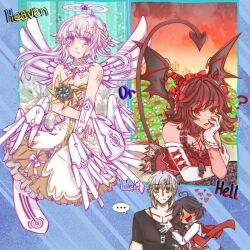 Rule 34 | ..., 2boys, 2girls, ahoge, artist name, asymmetrical gloves, bare shoulders, black shirt, blood, blood on arm, blood on face, blood on hands, blue eyes, blush, braid, brown hair, commandant (punishing: gray raven), commentary, demon horns, demon tail, demon wings, dog tags, dress, elbow gloves, english commentary, english text, french braid, frilled dress, frills, frog, gloves, grey hair, halleyker, halo, heart, heart ahoge, heterochromia, horns, liv: empyrea (wings of dawn) (punishing: gray raven), long hair, long tail, lucia: plume (punishing: gray raven), maid headdress, mechanical halo, mechanical parts, mechanical wings, medium hair, military uniform, multicolored hair, multiple boys, multiple girls, open mouth, orange eyes, pink eyes, punishing: gray raven, red dress, red eyes, red hair, red horns, red ribbon, ribbon, shirt, short hair, short hair with long locks, short sleeves, sidelocks, streaked hair, suspenders, sweatdrop, symbol-shaped pupils, tail, traditional media, uniform, watanabe: astral (field training) (punishing: gray raven), white dress, white gloves, wings