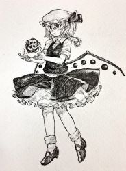 Rule 34 | 1girl, bow, flandre scarlet, full body, greyscale, hair between eyes, hat, highres, layered skirt, mary janes, mashimashi, mob cap, monochrome, parted lips, pointy ears, shoes, short sleeves, side ponytail, skirt, skirt set, socks, solo, standing, touhou, traditional media