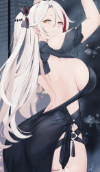 Rule 34 | 1girl, alternate costume, antenna hair, arms up, ass, azur lane, backless dress, backless outfit, black dress, blush, breasts, brown eyes, cross, dress, from behind, from side, hair between eyes, hair ribbon, hayabusa (vert 320), highres, iron cross, large breasts, long hair, looking at viewer, looking back, mole, mole on breast, multicolored hair, prinz eugen (azur lane), prinz eugen (cordial cornflower) (azur lane), red hair, ribbon, sideboob, sidelocks, silver hair, smile, solo, streaked hair, thighs, two side up, very long hair