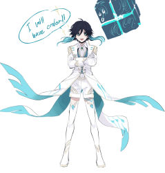 Rule 34 | 1boy, absurdres, ascot, black hair, blessingpierrot, blouse, blue hair, blue neckwear, blue trim, blue vest, bolo tie, boots, braid, collar, collared shirt, commentary, crossed arms, cube, english text, formal, genshin impact, gradient hair, green eyes, highres, jewelry, leg tattoo, long sleeves, looking at viewer, male focus, multicolored hair, necklace, necktie, open mouth, shirt, shorts, sidelocks, simple background, smile, solo, sparkle, speech bubble, streaked hair, suit, sweatdrop, tareme, tattoo, thigh boots, thighhighs, trap, venti (genshin impact), vest, waistcoat, white background, white footwear, white shirt, white shorts, white thighhighs