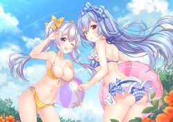 Rule 34 | :d, :o, ;d, absurdres, aoba chise, aoba project, aoba rena, ass, ball, bikini, bikini skirt, blue bikini, blue bow, blue hair, blue nails, blue sky, blush, bow, breasts, cleavage, cloud, collarbone, contrail, cowboy shot, day, flower, frilled bikini, frills, front-tie bikini top, front-tie top, gluteal fold, hair between eyes, hair bow, hairband, hand up, hibiscus, highres, holding, holding ball, huge filesize, innertube, leaning forward, lens flare, light purple hair, long hair, looking at viewer, looking back, medium breasts, nail polish, navel, one eye closed, open mouth, orange bikini, orange bow, orange nails, outdoors, plaid, plaid bikini, plaid bow, purple eyes, red eyes, sakura moyon, siblings, side-tie bikini bottom, sisters, sky, small breasts, smile, standing, striped, striped bow, swim ring, swimsuit, twintails, very long hair