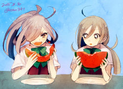 Rule 34 | 10s, 2015, 2girls, ahoge, asashimo (kancolle), bow, bowtie, dated, eating, food, fruit, grey eyes, grey hair, hair between eyes, hair over one eye, holding, holding food, holding fruit, kantai collection, kiyoshimo (kancolle), long hair, looking to the side, low twintails, multiple girls, open mouth, plate, ponytail, ribbon, sayori (oskn), school uniform, short sleeves, simple background, sitting, twintails, twitter username, very long hair, watermelon