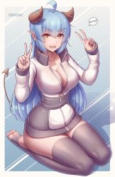 Rule 34 | 1girl, absurdres, ahoge, artist name, bad id, bad pixiv id, blue background, blue hair, blush, breasts, cleavage, crossed bangs, demon girl, demon horns, demon tail, full body, grey nails, hands up, highres, horns, hungrydurp, jacket, kneeling, large breasts, long hair, long sleeves, looking at viewer, nail polish, original, partially unzipped, pointy ears, purple thighhighs, red eyes, skin tight, smile, solo, speech bubble, tail, thighhighs, thighs, v