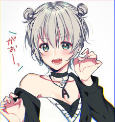 Rule 34 | 1girl, alternate hairstyle, aoba moca, bang dream!, bare shoulders, black choker, black jacket, blue border, blue eyes, blush, border, breasts, choker, claw pose, cleavage, cross-laced clothes, double bun, fang, gao, grey background, grey hair, hands up, jacket, jewelry, long sleeves, looking at viewer, medium breasts, mizukikushou, off shoulder, open mouth, pendant, short hair, solo, strapless, upper body, yellow border