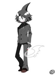 Rule 34 | 1boy, bad id, bad pixiv id, black hair, business suit, cigarette, fins, formal, full body, funamusea, gloves, grey gloves, greyscale, ice scream, idate, male focus, monochrome, muxiyou, oounabara to wadanohara, orca, shoes, simple background, smile, smoke, solo, spot color, suit, white background