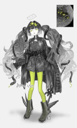 Rule 34 | 1girl, absurdres, belt, black choker, black coat, black dress, black footwear, black hair, blunt bangs, boots, choker, coat, diurtion, dress, envelope, full body, gradient hair, green eyes, green pantyhose, grey hair, halo, highres, jacket, long hair, long sleeves, looking at viewer, moon, multicolored hair, open mouth, original, pantyhose, personification, photo inset, reference inset, simple background, sleeves past wrists, solo, standing, twintails, very long hair, watermark, white background, winged footwear