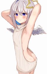 Rule 34 | 1girl, amane kanata, angel wings, armpits, arms behind head, ass, blue hair, butt crack, colored inner hair, grey hair, highres, hololive, looking at viewer, meme attire, multicolored hair, purple eyes, short hair, simple background, solo, sweatdrop, virgin killer sweater, virtual youtuber, white background, wings, yurimaru00