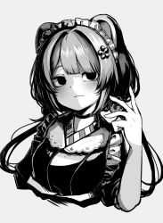 Rule 34 | 1girl, animal ears, choker, closed mouth, cropped torso, dog ears, greyscale, hair ornament, hand up, hatyuuruinohito, highres, inui toko, japanese clothes, kimono, long hair, looking at viewer, low twintails, maid, maid headdress, monochrome, nijisanji, simple background, solo, twintails, upper body, virtual youtuber, wa maid, white background