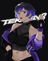Rule 34 | 1girl, absurdres, bare shoulders, black and purple hair, black background, black hair, cha no (chano), collar, colored tips, commentary, english commentary, english text, fingerless gloves, gloves, hand on own hip, highres, jacket, looking at viewer, midriff, multicolored clothes, multicolored hair, navel, purple eyes, purple hair, purple jacket, reina (tekken), short hair, simple background, solo, teeth, tekken, tongue, tongue out, upper body, upper teeth only
