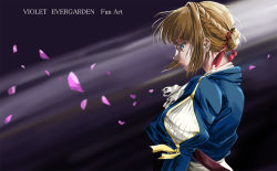 Rule 34 | 10s, 1girl, blonde hair, blue eyes, blue jacket, braid, braided bun, cherry blossoms, commentary, copyright name, falling petals, from behind, hair between eyes, hair bun, hair intakes, hair ribbon, jacket, looking down, petals, profile, red ribbon, ribbon, sidelocks, single hair bun, solo, strap, teraoka kenji, violet evergarden, violet evergarden (series), white neckwear