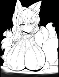 Rule 34 | 1girl, animal ears, black background, blush, breasts, fox ears, fox girl, fox tail, greyscale, highres, large breasts, looking at viewer, mizuga, monochrome, multiple tails, sleeveless, solo, sweater, tabard, tail, touhou, trigram, yakumo ran