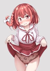 Rule 34 | 1girl, blush, bow, braid, clothes lift, cowboy shot, eyebrows hidden by hair, grey background, hair between eyes, hair bow, head tilt, highres, lifting own clothes, long sleeves, looking at viewer, mochiyuki, nose blush, open mouth, panties, paw print, print panties, red hair, shirt, simple background, single braid, skirt, skirt lift, solo, standing, tears, thick eyebrows, thigh gap, underwear, white shirt