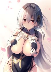 Rule 34 | 1girl, azur lane, braid, breast curtains, breasts, china dress, chinese clothes, closed mouth, dress, flower, garter straps, gloves, grey dress, hair between eyes, hair flower, hair ornament, half gloves, highres, large breasts, liya, looking at viewer, official alternate costume, pelvic curtain, petals, red eyes, revealing clothes, see-through, see-through sleeves, short hair, side braid, sirius (azur lane), sirius (azure horizons) (azur lane), solo, white gloves, white hair