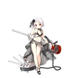 Rule 34 | 1girl, alternate costume, anchor, bikini, black bikini, black flower, black footwear, blush, breasts, cannon, chain, choker, drinking straw, flower, full body, glass, hair flower, hair ornament, hand on own cheek, hand on own face, looking at viewer, machinery, navel, official art, parted lips, red eyes, saru, see-through, shoes, small breasts, snack, solo, standing, swimsuit, transparent background, turret, vittorio veneto (warship girls r), warship girls r, white hair