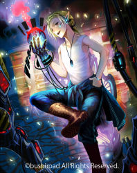 Rule 34 | 10s, 1boy, blonde hair, boots, bracelet, brown eyes, cable, cardfight!! vanguard, company name, dark great mage badhadh caar, gloves, headphones, isaki uta, jewelry, low ponytail, male focus, necklace, official art, open mouth, pointy ears, single glove, sitting, solo, teeth