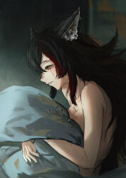 Rule 34 | 1girl, absurdres, animal ear fluff, animal ears, black hair, breasts, cleavage, commentary, crying, crying with eyes open, from side, highres, hololive, hugging object, indoors, large breasts, long hair, mrsillust, multicolored hair, nude, ookami mio, orange eyes, pillow, pillow hug, red hair, solo, streaked hair, tears, two-tone hair, virtual youtuber, wolf ears, wolf girl