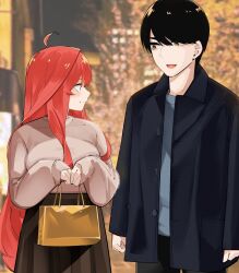 Rule 34 | 1boy, 1girl, :d, ahoge, arms at sides, bag, black coat, black hair, black skirt, blue shirt, blurry, blurry background, breasts, brown sweater, christmas, closed mouth, coat, commentary, couple, cowboy shot, dating, eyebrows hidden by hair, go-toubun no hanayome, hair between eyes, handbag, hands up, hetero, highres, holding, holding bag, large breasts, light blush, long hair, looking at another, mame1645, nakano itsuki, nose, open mouth, orange eyes, photo background, profile, red hair, shirt, short hair, side-by-side, sidelocks, skirt, sleeves past wrists, smile, standing, sweater, swept bangs, symbol-only commentary, uesugi fuutarou, very long hair, winter clothes