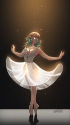 Rule 34 | 1girl, artist name, ballet, ballet slippers, breasts, cleavage, dancing, full body, gradient hair, green hair, hololive, hololive english, long hair, looking to the side, minxei, multicolored hair, open mouth, orange eyes, orange hair, solo, takanashi kiara, two-tone hair, virtual youtuber