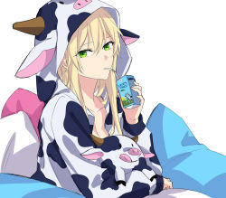 Rule 34 | 1girl, animal print, bad id, bad pixiv id, blonde hair, closed mouth, collarbone, cow, cow print, drink, girls&#039; frontline, green eyes, highres, long hair, looking at viewer, milk, pajamas, pillow, solo, stg44 (girls&#039; frontline), suprii, white background