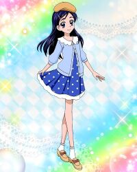 Rule 34 | 1girl, artist request, blue dress, blue eyes, blue hair, casual, commentary, dress, english commentary, eyelashes, futari wa precure, gradient background, hair ornament, hairclip, happy, highres, long hair, looking at viewer, official art, precure, precure connection puzzlun, shoes, smile, solo, standing, third-party source, yukishiro honoka