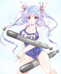 Rule 34 | 10s, 1girl, blue hair, chemaru (a8l), hair ribbon, i-19 (kancolle), kantai collection, name tag, one-piece swimsuit, red eyes, ribbon, school swimsuit, solo, star-shaped pupils, star (symbol), swimsuit, symbol-shaped pupils, torpedo, tri tails, twintails