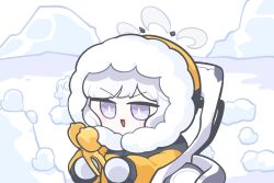 Rule 34 | 1girl, blue archive, chibi, coat, commentary, day, fur-trimmed coat, fur trim, gloves, grey hair, halo, highres, himari (blue archive), holding, hood, hood up, moshigi, open mouth, outdoors, purple eyes, sitting, snow, snow sculpture, solo, wheelchair, white gloves, yellow coat