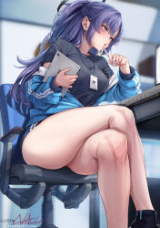 Rule 34 | 1girl, bare legs, black shirt, blue archive, blue eyes, blue hair, blue jacket, blurry, blurry background, blush, breasts, buruma, chair, crossed legs, depth of field, gym shirt, gym uniform, halo, highres, holding, indoors, jacket, kurofude anna, long hair, long sleeves, medium breasts, official alternate costume, open clothes, open jacket, partially unzipped, pen, ponytail, shirt, shorts, sidelocks, signature, sitting, solo, tablet pc, thighs, track jacket, watermark, yuuka (blue archive), yuuka (track) (blue archive)