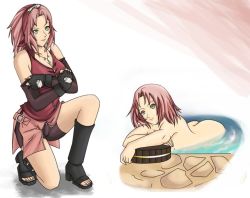 Rule 34 | 1girl, artist request, ass, beasts, blush, butt crack, cleavage, haruno sakura, headband, naruto, naruto (series), necklace, nude, pink hair, smile, water