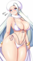 Rule 34 | 1girl, anisdrawn, bare arms, bare shoulders, beret, bikini, blue eyes, blush, breasts, commentary, cowboy shot, creatures (company), game freak, grey hair, grin, groin, hat, head tilt, highres, large breasts, long hair, looking at viewer, melony (pokemon), navel, nintendo, nose blush, pokemon, pokemon swsh, simple background, smile, solo, standing, stomach, swimsuit, thick thighs, thighs, translation request, very long hair, white background, white bikini, white hat
