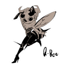 Rule 34 | 1girl, antennae, bee girl, capcom, character name, chibi, extra eyes, high heels, arthropod girl, monochrome, monster girl, murai shinobu, pantyhose, q-bee, shoes, short hair, smile, solo, spikes, vampire (game), wings