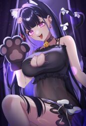 1girl akuma_nihmune animal_ears animal_hands bell black_collar black_hair black_nightgown breasts cat_cutout cat_ears cat_girl cat_hair_ornament cat_paws cat_tail cleavage cleavage_cutout clothing_cutout collar earrings hair_ornament hairpin heart heart_earrings highres indie_virtual_youtuber jewelry jingle_bell large_breasts long_hair looking_at_viewer neck_bell nightgown open_mouth purple_eyes smile solo tail ten_illustrator very_long_hair virtual_youtuber