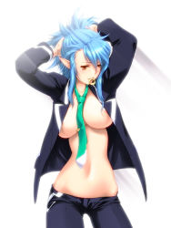 Rule 34 | 10s, 1girl, adjusting hair, areola slip, arms up, blue hair, breasts, busou shinki, doll joints, elf, joints, large breasts, long hair, midriff, miss black, mouth hold, narrow waist, necktie, nipples, open clothes, open shirt, pointy ears, proxima, red eyes, shirt, solo