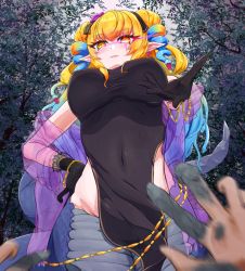 Rule 34 | 1girl, black gloves, blonde hair, blue hair, blush, bracelet, breasts, closed mouth, commission, covered navel, drill hair, drill sidelocks, earrings, flower, forest, from below, gloves, hair flower, hair ornament, hana yamakiri, hand on own hip, jewelry, lamia, large breasts, looking down, medusa (monster girl encyclopedia), monster girl, monster girl encyclopedia, multicolored hair, nature, nose blush, outdoors, outstretched hand, petrification, pointy ears, pov, scales, sidelocks, skeb commission, solo focus, twintails, two-tone hair, yellow eyes