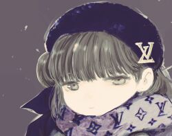 Rule 34 | 1girl, beret, black hat, brown eyes, brown hair, closed mouth, commentary request, enpera, expressionless, grey scarf, hair behind ear, half-closed eyes, hat, hatoba tsugu, looking at viewer, louis vuitton (brand), medium hair, outline, patterned clothing, portrait, purple background, rokka seira, scarf, simple background, single hair ring, solo, tsugu (vtuber), virtual youtuber
