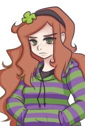 Rule 34 | 1girl, 4chan, artist request, bags under eyes, brown hair, clover, empty eyes, freckles, green eyes, hairband, hands in pockets, hood, hoodie, long hair, non-web source, parted bangs, sidelocks, simple background, solo, striped clothes, striped hoodie, vivian james, white background