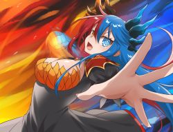 Rule 34 | 1girl, angry, between breasts, blue eyes, blue fire, blue hair, blue horns, breasts, bright pupils, casting spell, commission, commissioner upload, dragon girl, dragon horns, dress, fire, heterochromia, highres, horns, incoming attack, incoming punch, inferna dragnis (xoldrek), large breasts, long hair, looking at viewer, magic, monster girl, multicolored hair, multicolored horns, necktie, necktie between breasts, open hand, open mouth, orange eyes, original, punching, red hair, red horns, solo, split-color hair, standing, symbol-shaped pupils, two-tone hair, usagi1923, white pupils