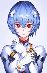 Rule 34 | 1girl, absurdres, ayanami rei, blue hair, bodysuit, commentary request, film grain, gloves, grey background, hair between eyes, highres, interface headset, looking at viewer, neon genesis evangelion, panko (drive co), parted lips, plugsuit, red eyes, short hair, simple background, solo, upper body, white bodysuit, white gloves